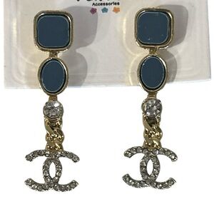 Designer Inspired Elegant Gold and Blue Rhinestone Dangle Earrings NWT
